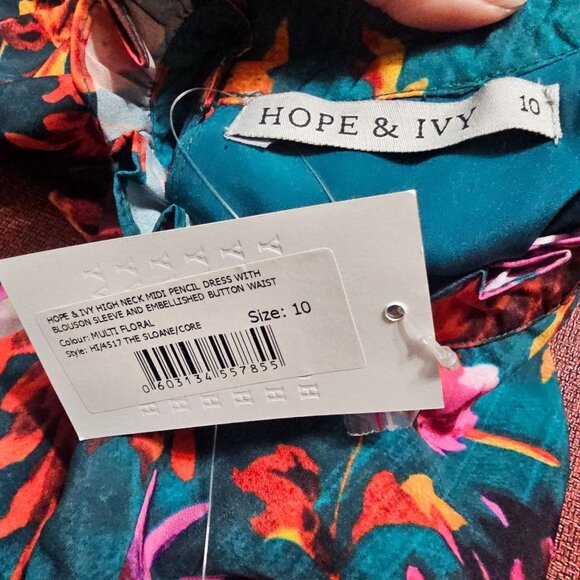 Hope & Ivy Green‎ Floral Midi Dress 8 High Neck Vibrant Bloomcore Button Detail - Picture 10 of 16